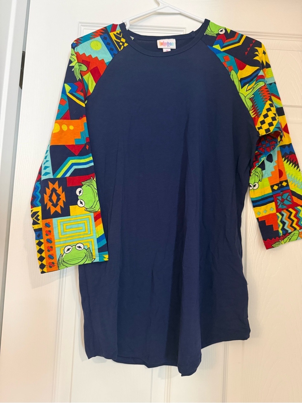 LuLaRoe Randy Navy Raglan Top with Bright Multi-Color Patterned Sleeves - Kermit